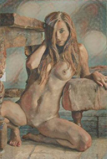 Nude figure kneeling beside a stone bench, warm skin tones against a teal-washed wall, her gaze downcast