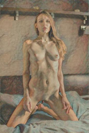 Nude figure kneeling frontally, looking straight out, gray-cool tones against a stone wall
