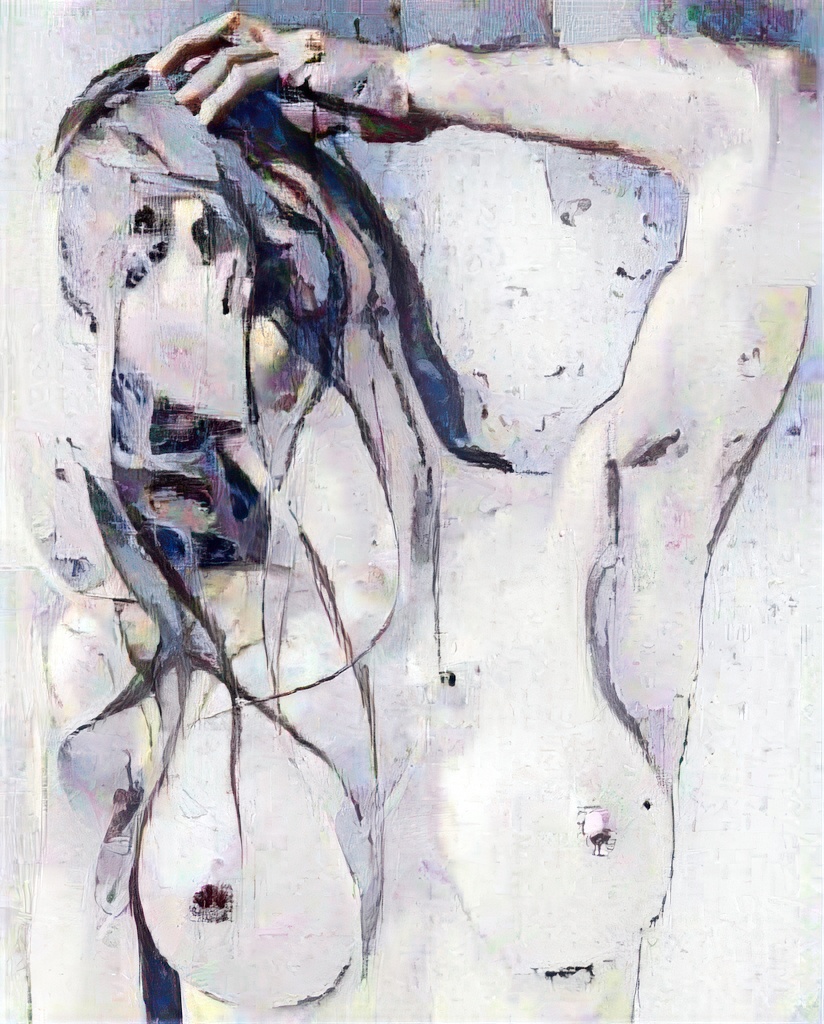 Abstract impressionist nude, high key: a torso rendered almost entirely in shifts of pale tone with no outline, held together by dark strands of hair falling across the arms and face.