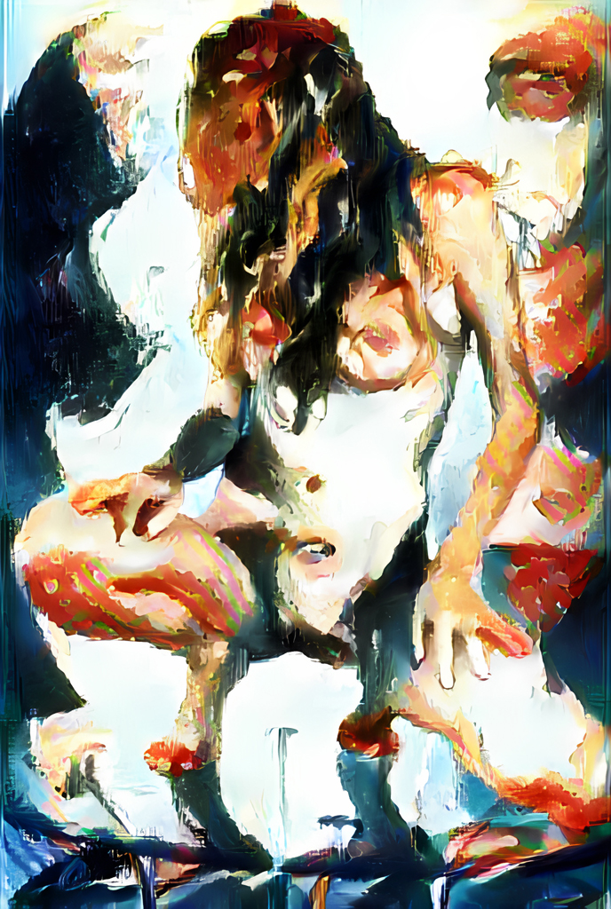 Abstract impressionist nude, full length: a crouching figure turned away, built from red and ochre strokes that run through both the body and the white ground, with diagonal bands of red, green and magenta across the back and thigh.