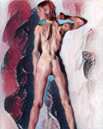 Abstract impressionist nude, figure facing away against deep churning abstract background