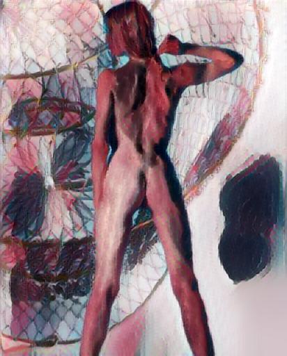 Abstract impressionist nude, figure facing a cosmic storm — dark mass complicates the composition