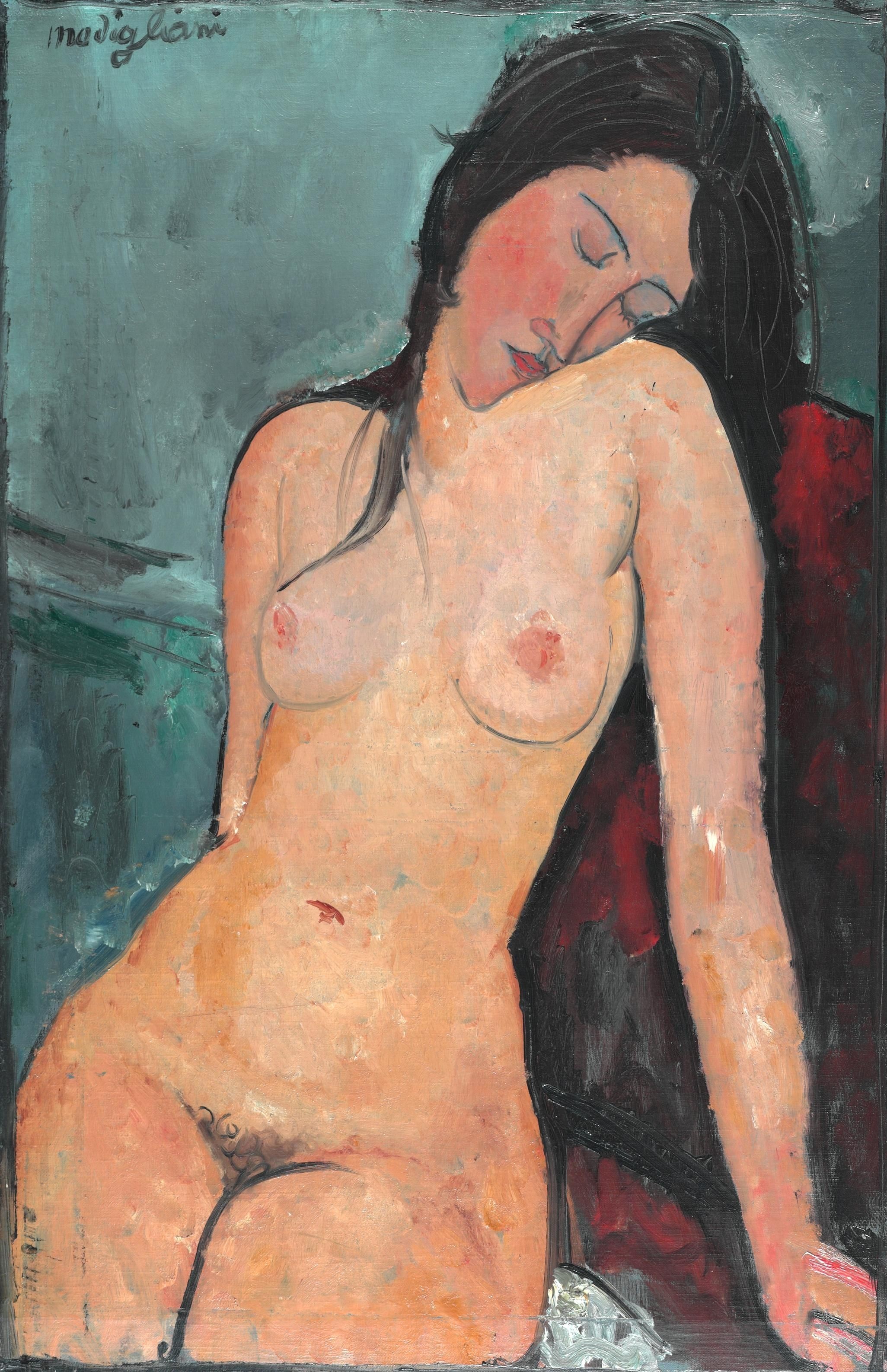 Amedeo Modigliani, Seated Nude, 1916, oil on canvas — a nude woman seated with her head dropped toward her shoulder and eyes closed, against a teal ground