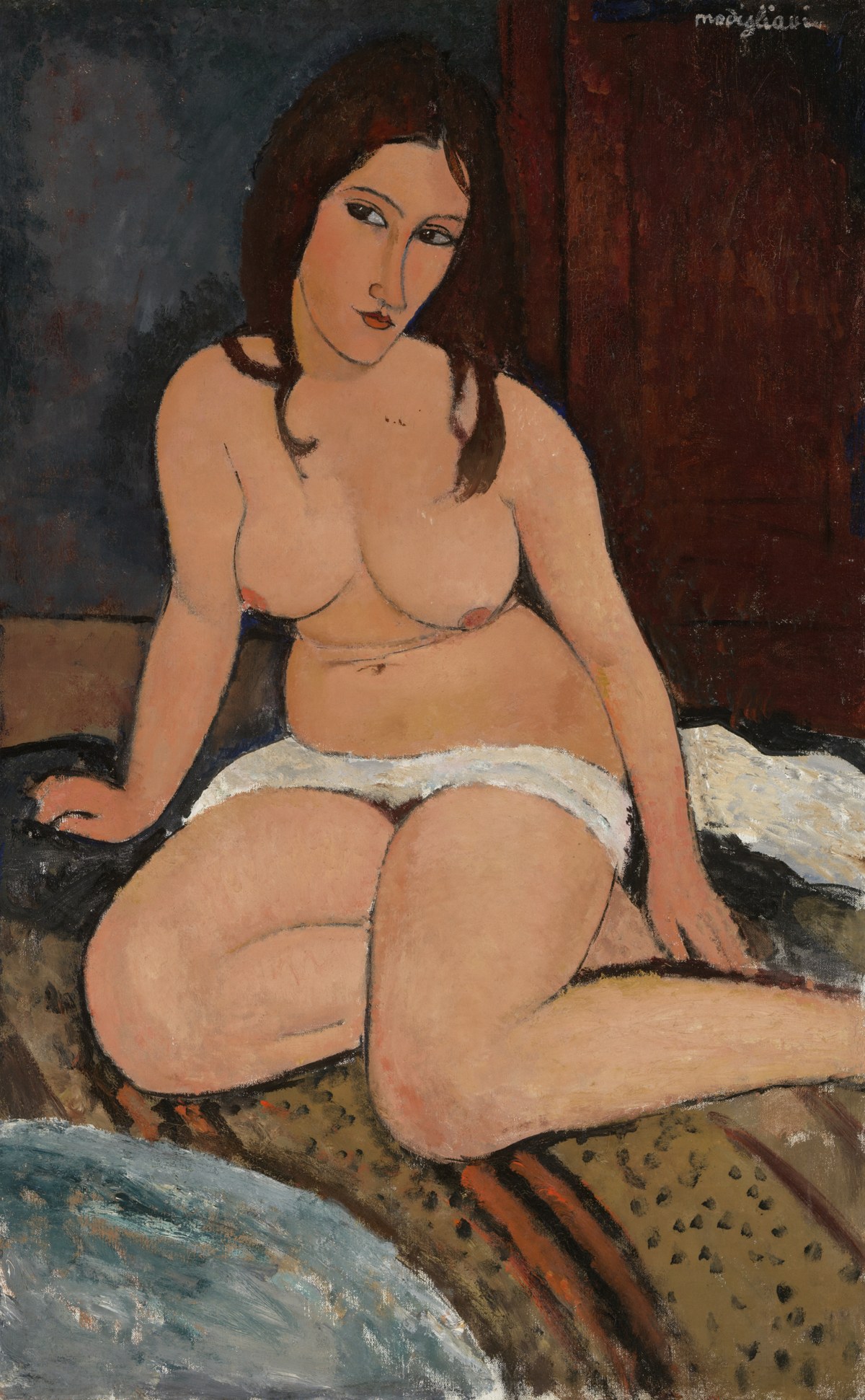 Amedeo Modigliani's Seated Nude (1917): a nude woman at her bath with a towel across her lap, her painted eyes glancing sideways.