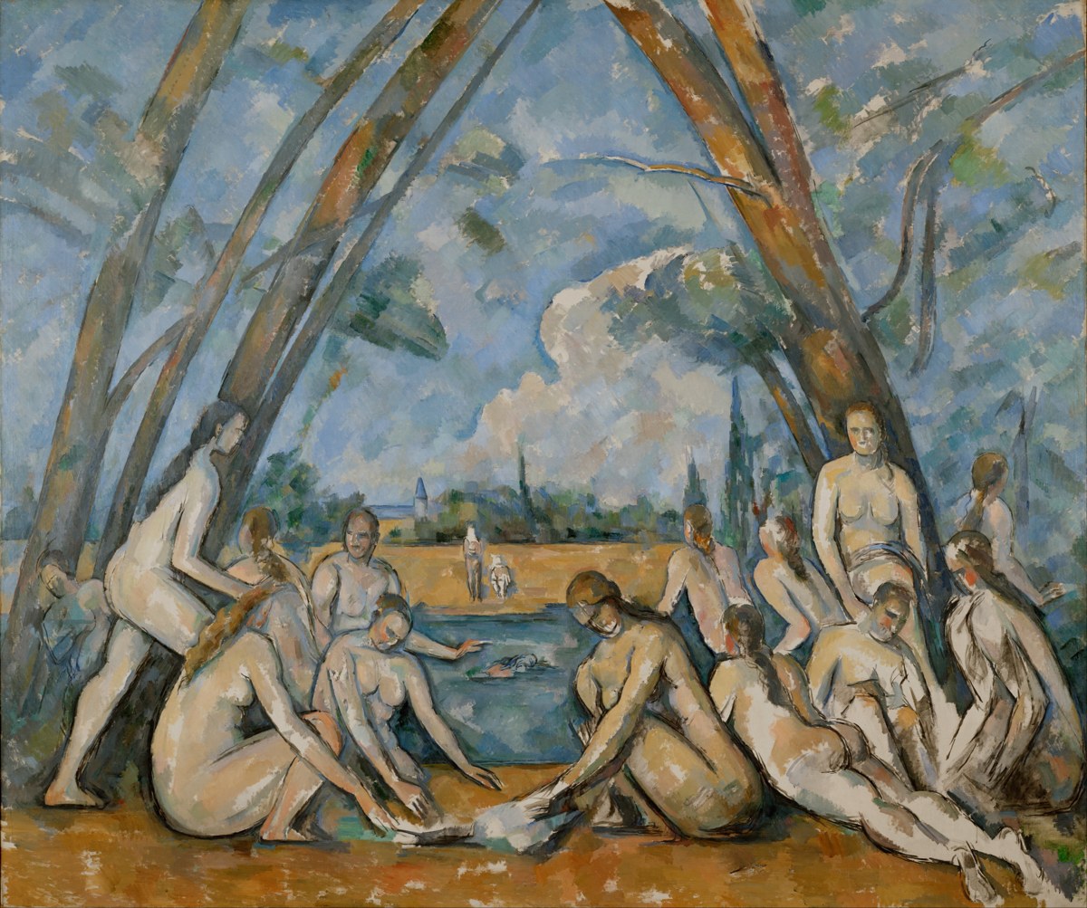 Cezanne's The Large Bathers: a group of nude figures arranged along a riverbank beneath two trees that lean inward to form a pediment, the bodies simplified into wedges that echo the composition around them.