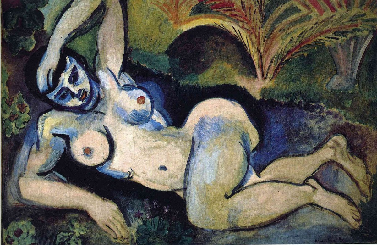 Matisse's Blue Nude (Souvenir de Biskra): a reclining nude in a classical odalisque pose, drawn with hard contours against palm fronds, the hip swelling past anatomy and blue shadow flattened into graphic decision.