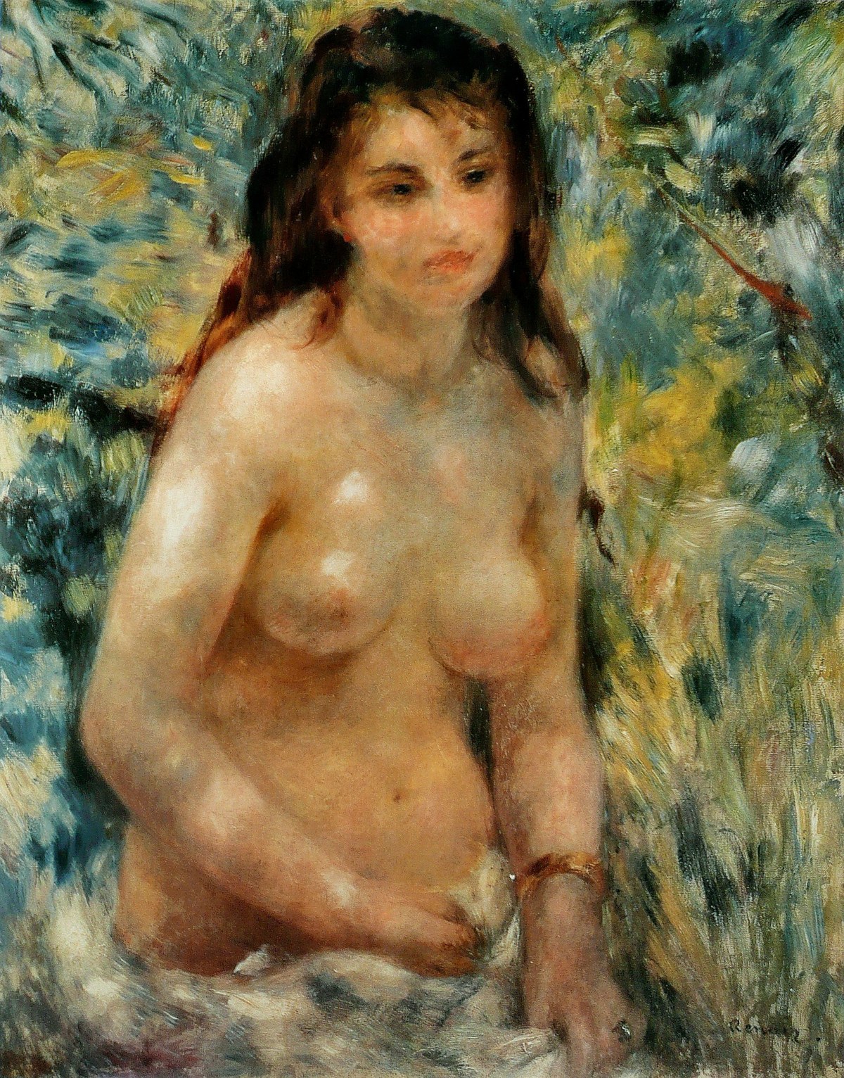 Renoir's Nude in the Sunlight: a seated woman outdoors under dappled light filtering through leaves, her skin modelled entirely in green and violet shadow, contours softening where the sun strikes.